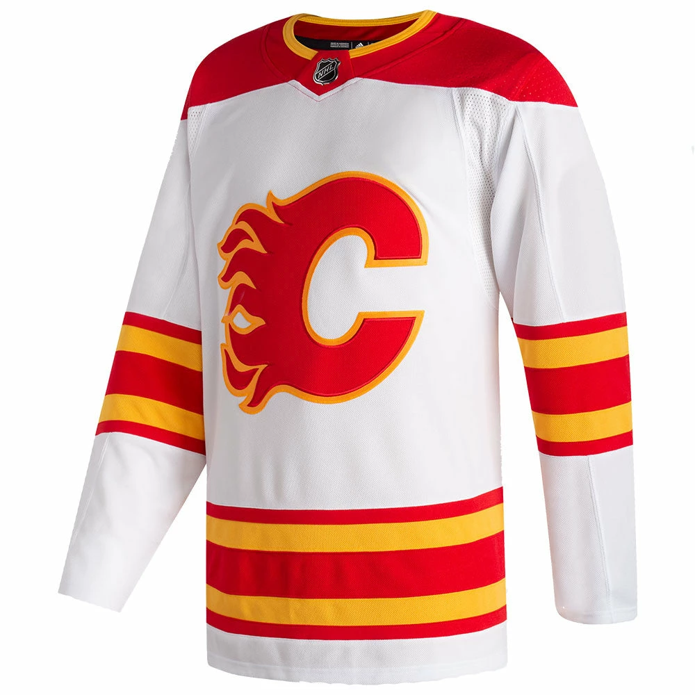 CALGARY FLAMES ADIDAS ADIZERO PRIMEGREEN AUTHENTIC WHITE AWAY JERSEY 1 CALGARY FLAMES ADIDAS ADIZERO PRIMEGREEN AUTHENTIC WHITE AWAY JERSEY