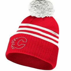 CALGARY FLAMES ADIDAS ADULT NHL 3-STRIPE CUFFED POM TOQUE