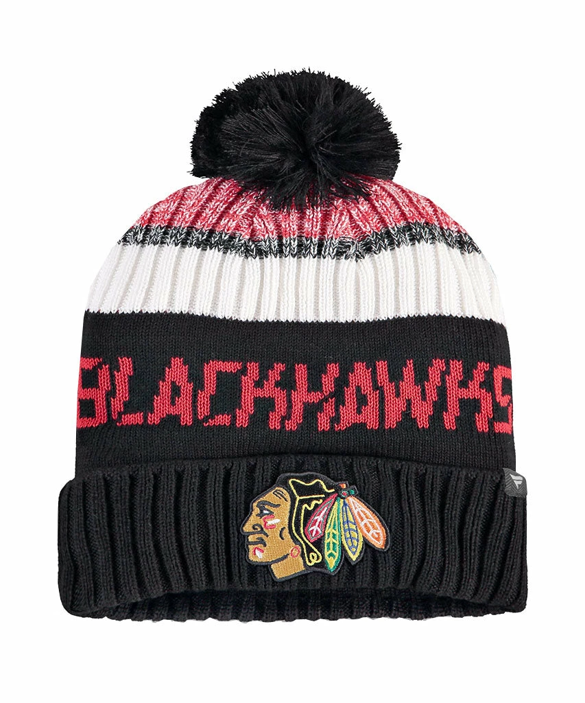CHICAGO BLACKHAWKS FANATICS MEN'S RINKSIDE GOALIE POM BEANIE TOQUE 1 CHICAGO BLACKHAWKS FANATICS MEN'S RINKSIDE GOALIE POM BEANIE TOQUE