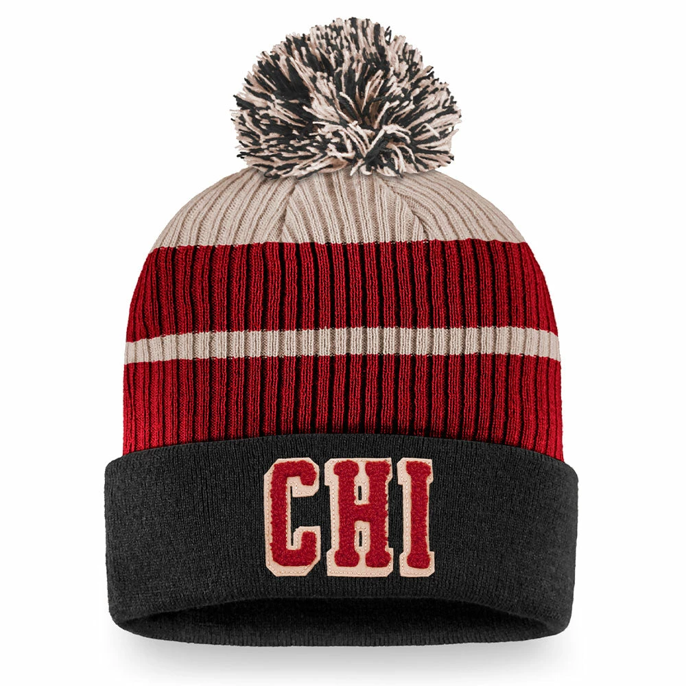 CHICAGO BLACKHAWKS FANATICS MEN'S TRUE CLASSICS BEANIE CUFF POM TOQUE 1 CHICAGO BLACKHAWKS FANATICS MEN'S TRUE CLASSICS BEANIE CUFF POM TOQUE