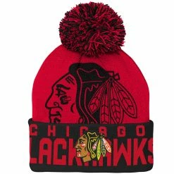 Outer Stuff CHICAGO BLACKHAWKS KID'S REDLINE CUFFED POM KNIT TOQUE