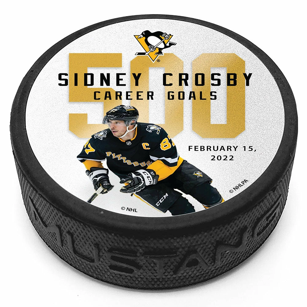 Mustang SIDNEY CROSBY PITTSBURGH PENGUINS 500TH GOAL COMMEMORATIVE HOCKEY PUCK 1 Mustang SIDNEY CROSBY PITTSBURGH PENGUINS 500TH GOAL COMMEMORATIVE HOCKEY PUCK