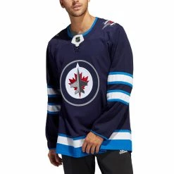 WINNIPEG JETS ADIDAS ADIZERO PRIMEGREEN AUTHENTIC NAVY HOME JERSEY -Atlantic Division Shop WINNIPEG JETS ADIDAS ADIZERO PRIMEGREEN AUTHENTIC NAVY HOME JERSEY MODEL FRONT
